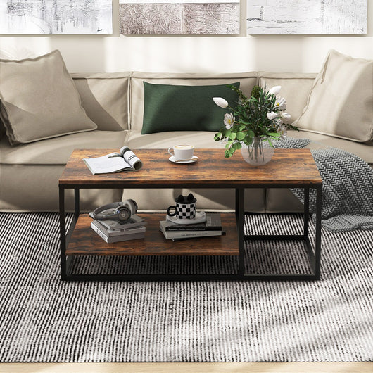 Tavolino da caff¨¨ industriale a 2 livelli con mensola di stoccaggio e struttura in metallo, Tavolo centrale da 105cm Marrone-Tavolini da salotto