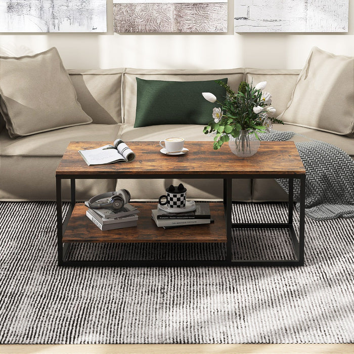 Tavolino da caff¨¨ industriale a 2 livelli con mensola di stoccaggio e struttura in metallo, Tavolo centrale da 105cm Marrone-Tavolini da salotto