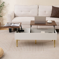 Tavolo centrale moderno con 2 scomparti nascosti e gambe in metallo tavolo, Tavolino da caff¨¨ con piano sollevabile Noce-Tavolini da salotto