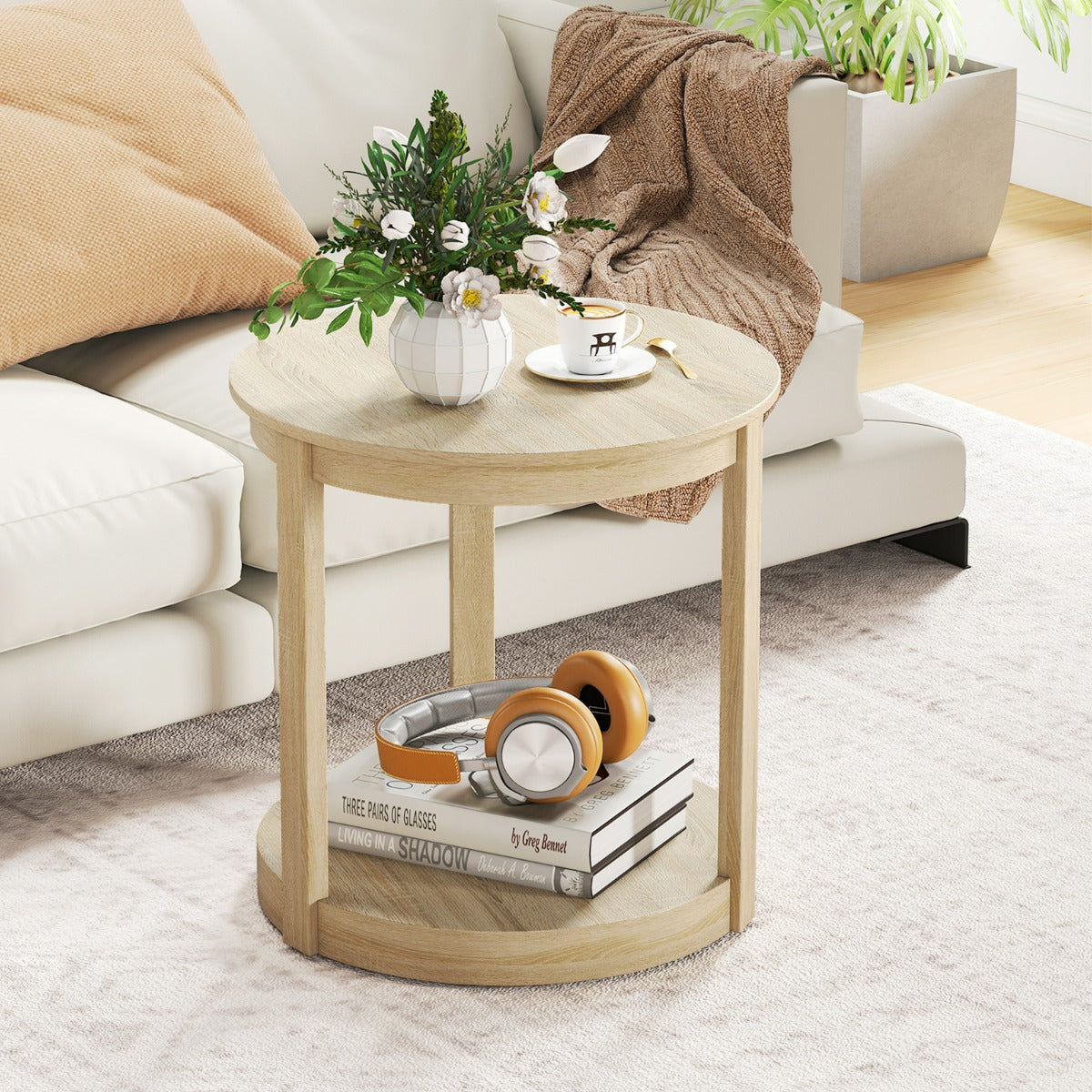 Tavolo da caff¨¨ a 2 livelli con ripiano e gambe in legno di gomma, Tavolino da cocktail rustico per soggiorno Quercia-Tavolini