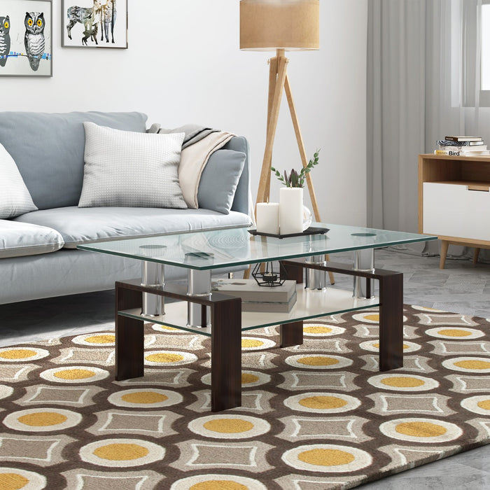 Tavolino da caff¨¨ moderno con mensola inferiore in vetro temperato, Tavolino da caff¨¨ rettangolare in vetro Marrone-Tavolini da salotto