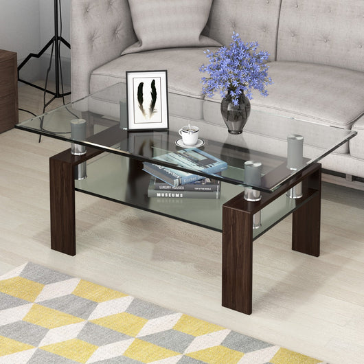 Tavolino da caff¨¨ moderno con mensola inferiore in vetro temperato, Tavolino da caff¨¨ rettangolare in vetro Marrone-Tavolini da salotto