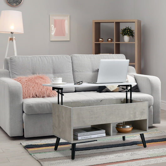 Tavolino da caff¨¨ moderno con scomparto nascosto e 2 scaffali aperti, Tavolino per soggiorno in legno Grigio-Tavolini da salotto