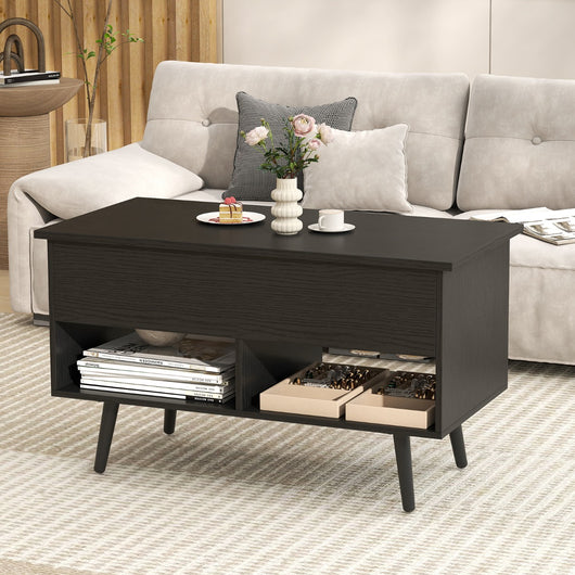 Tavolino da caff¨¨ moderno con scomparto nascosto e 2 scaffali aperti, Tavolino per soggiorno in legno Nero-Tavolini da salotto