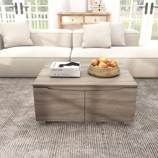 Tavolino da caff¨¨ in stile fattoria con spazio di stoccaggio, Tavolo da centro con 4 ante e apertura a doppio lato-Tavoli e sedie da pranzo