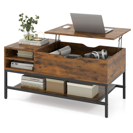 Tavolino da caff¨¨ con piano sollevabile e scomparto nascosto, Tavolino da caff¨¨ legno soggiorno ripiano portaoggetti Marrone-Tavolini da salotto
