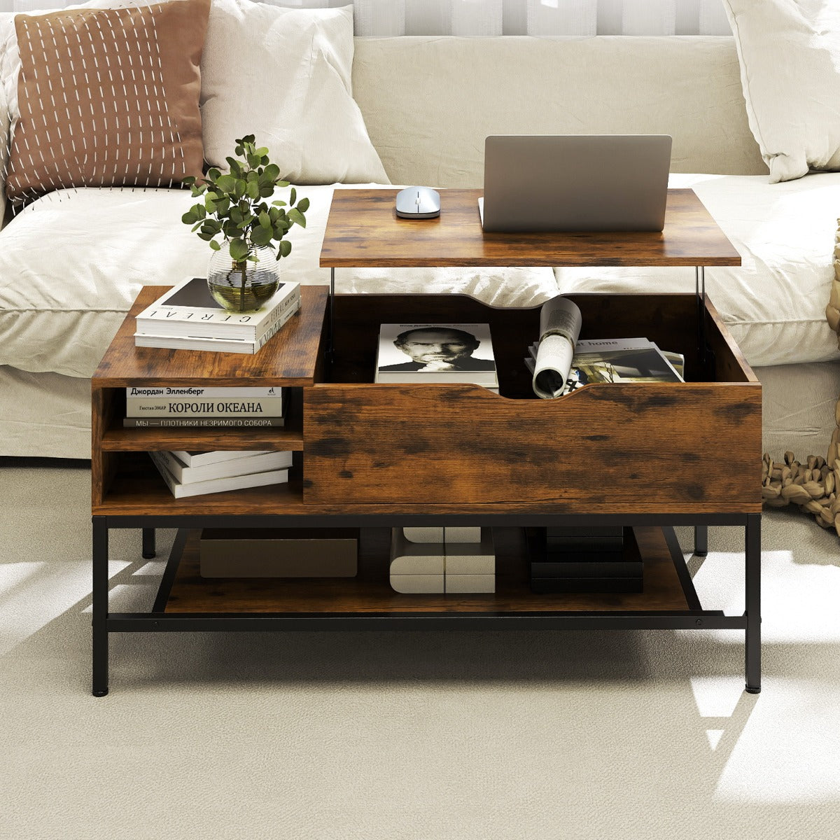 Tavolino da caff¨¨ con piano sollevabile e scomparto nascosto, Tavolino da caff¨¨ legno soggiorno ripiano portaoggetti Marrone-Tavolini da salotto