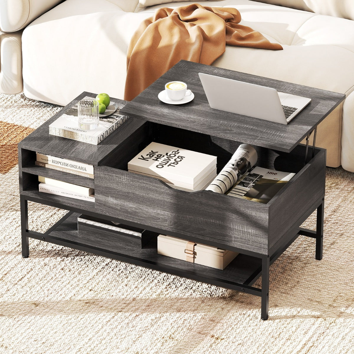 Tavolino da caff¨¨ con piano sollevabile e scomparto nascosto, Tavolino da caff¨¨ legno soggiorno ripiano portaoggetti Grigio-Tavolini da salotto