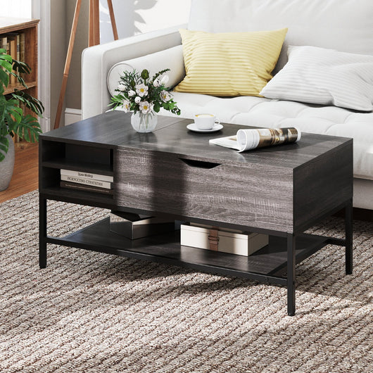 Tavolino da caff¨¨ con piano sollevabile e scomparto nascosto, Tavolino da caff¨¨ legno soggiorno ripiano portaoggetti Grigio-Tavolini da salotto