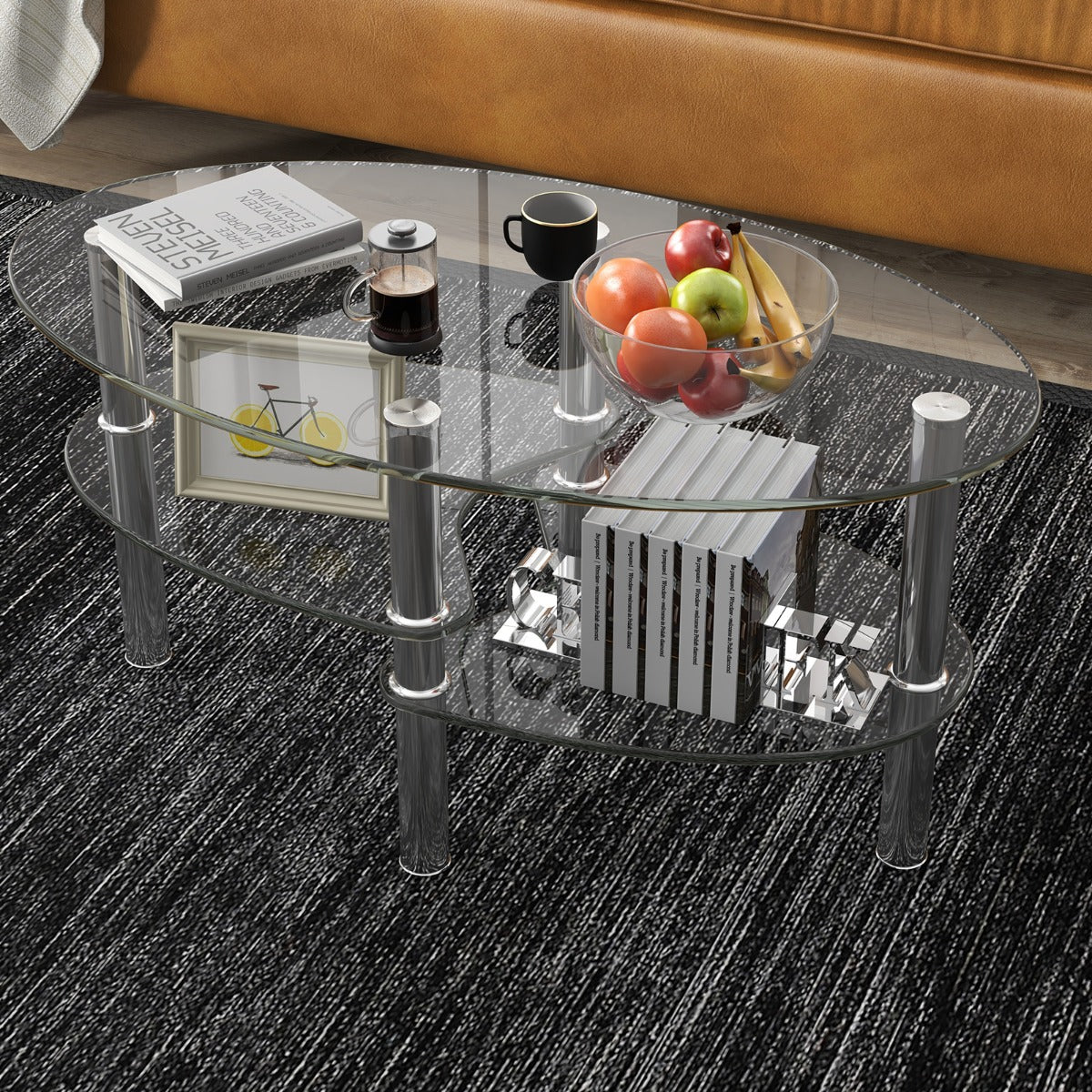 Tavolino da caff¨¨ in vetro a 3 ripiani da salotto-Tavolo da t¨¨ con design ovale per casa e ufficio  89x51x45cm Trasparente