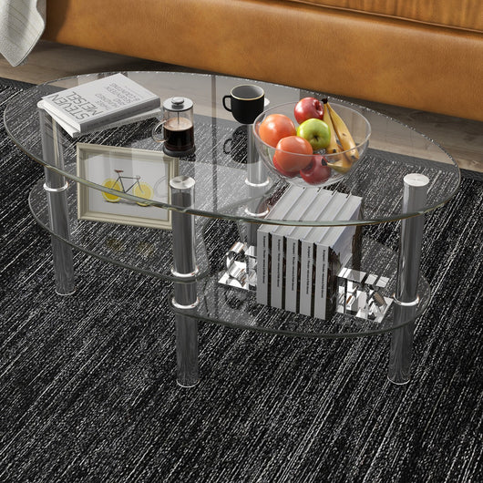 Tavolino da caff¨¨ in vetro a 3 ripiani da salotto-Tavolo da t¨¨ con design ovale per casa e ufficio  89x51x45cm Trasparente