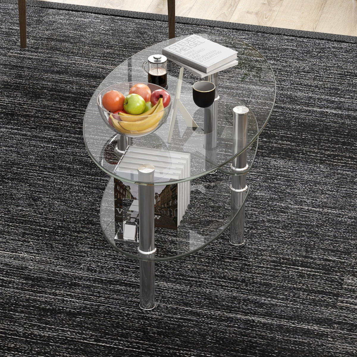 Tavolino da caff¨¨ in vetro a 3 ripiani da salotto-Tavolo da t¨¨ con design ovale per casa e ufficio  89x51x45cm Trasparente