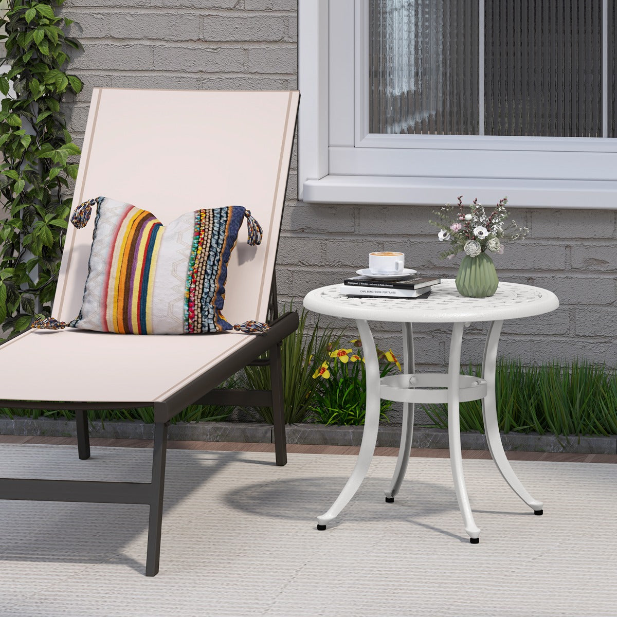 Tavolino da giardino da 60cm con piedini regolabili, Tavolino da esterno in alluminio pressofuso Bianco-Tavoli da esterno