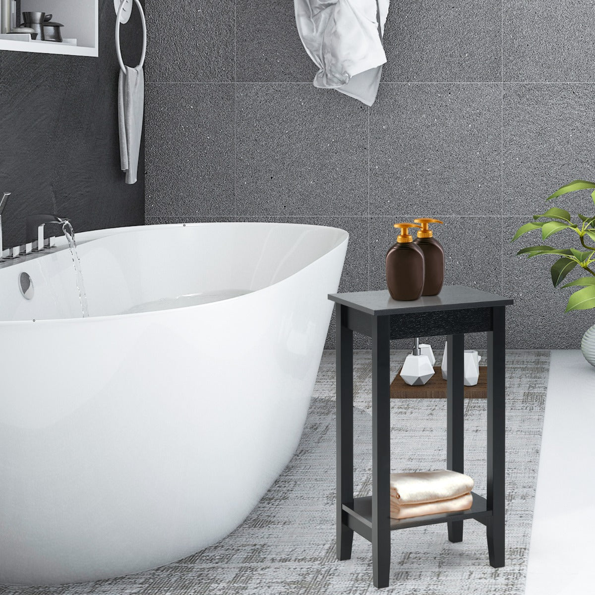 Tavolino da salotto con 2 livelli e 4 gambe in solido legno, Tavolino di servizio stretto e compatto Nero-Tavolini