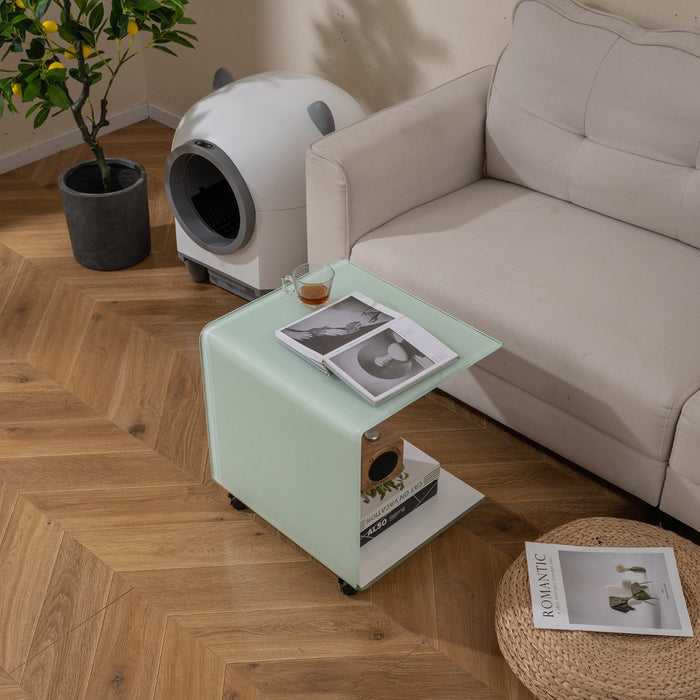 Tavolino in vetro temperato trasparente con 4 ruote universali, Tavolino in vetro temperato a forma di C facile da pulire Bianco-Tavolini