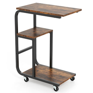 Set di 2 tavolini laterale C industriale per divano con struttura in metallo-Tavolino salvaspazio con ripiani aperti Marrone