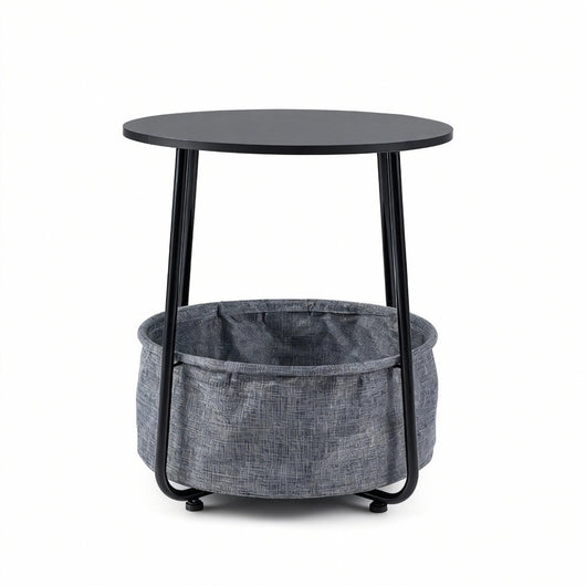 Tavolino rotondo a 2 livelli con cesta in tessuto comodino moderno con struttura in metallo, Tavolino da letto Nero-Comodini