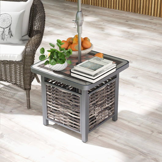 Tavolino laterale da esterno in rattan PE 55 cm, Tavolo quadrato per patio con piano in resina-Tavoli da esterno