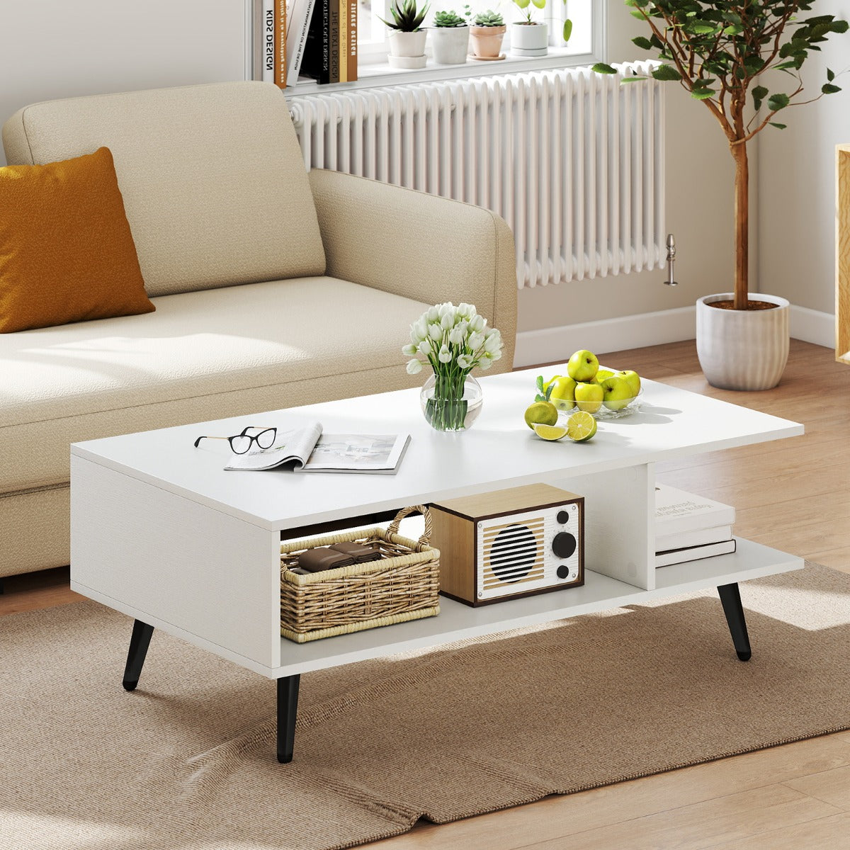 Tavolino moderno con spazio di stoccaggio con gambe in metallo, Tavolino da caff¨¨ centrale rettangolare a 2 livelli Bianco-Tavolini da salotto