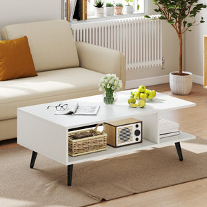 Tavolino moderno con spazio di stoccaggio con gambe in metallo, Tavolino da caff¨¨ centrale rettangolare a 2 livelli Bianco-Tavolini da salotto