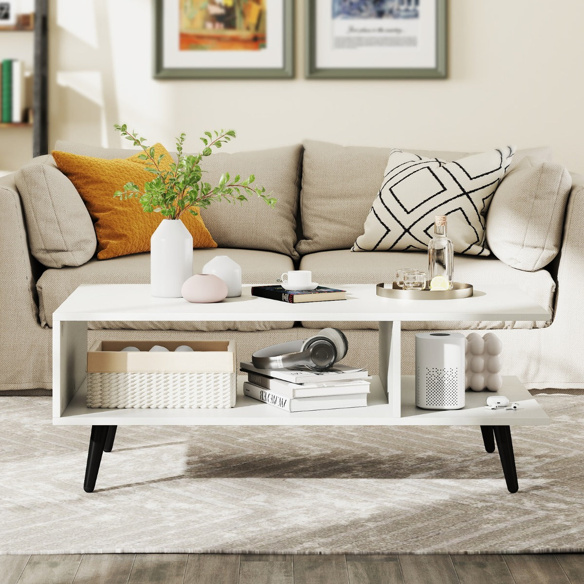 Tavolino moderno con spazio di stoccaggio con gambe in metallo, Tavolino da caff¨¨ centrale rettangolare a 2 livelli Bianco-Tavolini da salotto