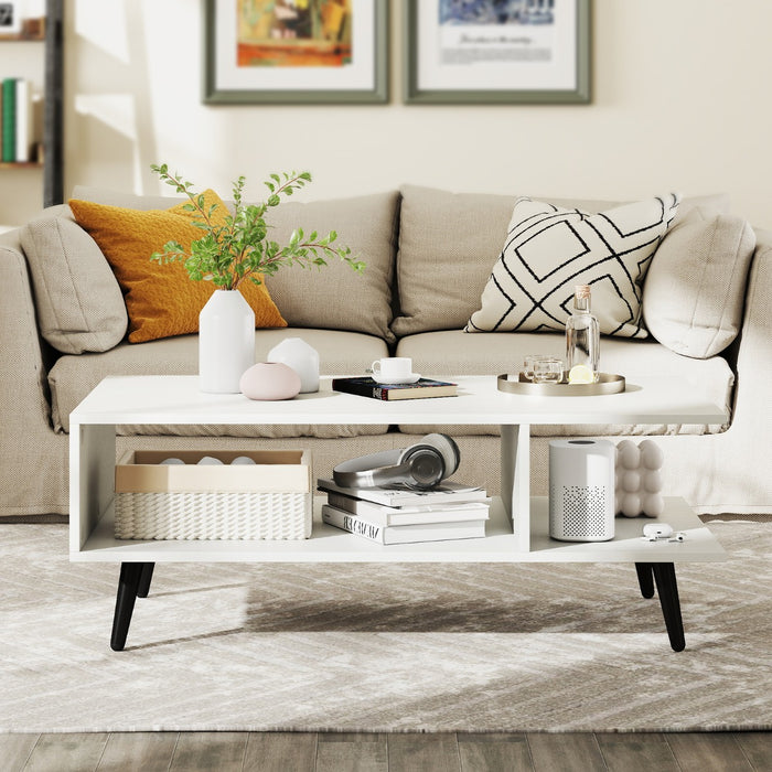 Tavolino moderno con spazio di stoccaggio con gambe in metallo, Tavolino da caff¨¨ centrale rettangolare a 2 livelli Bianco-Tavolini da salotto