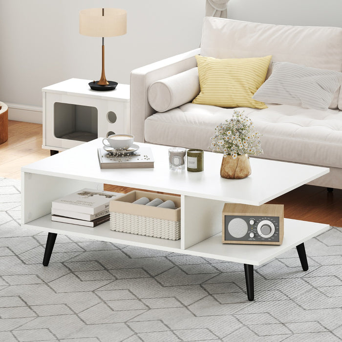 Tavolino moderno con spazio di stoccaggio con gambe in metallo, Tavolino da caff¨¨ centrale rettangolare a 2 livelli Bianco-Tavolini da salotto