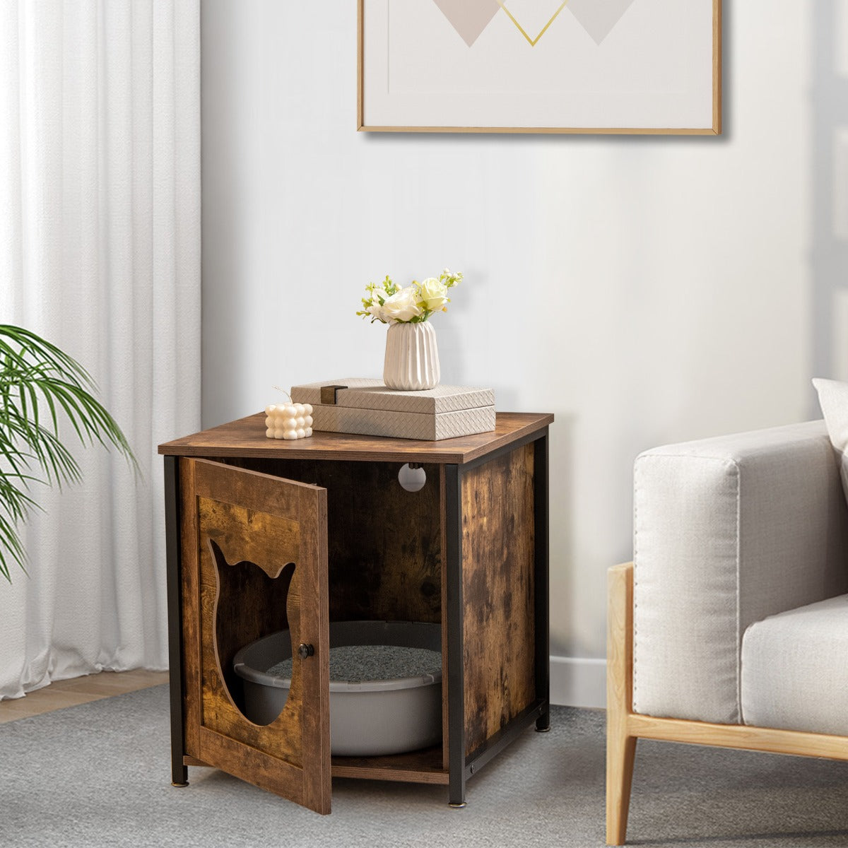 Tavolino multiuso per gatti con porta ingresso a forma di gatto, Mobile decorativo per lettiera per gatti Marrone-Lettini e divanetti