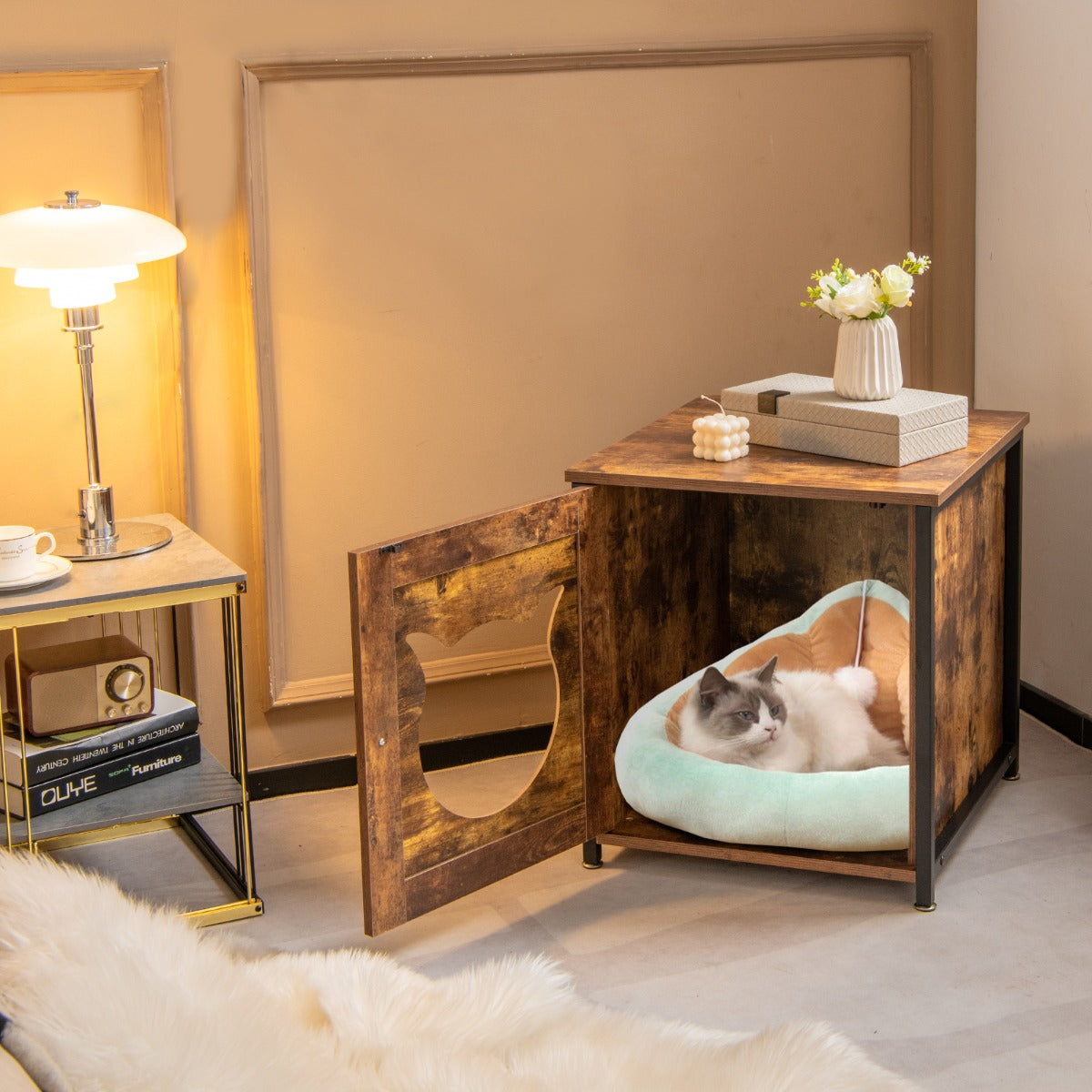 Tavolino multiuso per gatti con porta ingresso a forma di gatto, Mobile decorativo per lettiera per gatti Marrone-Lettini e divanetti