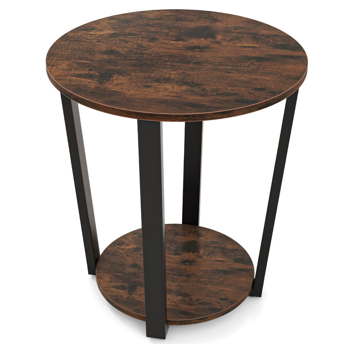 Tavolino rotondo a 2 ripiani con mensola aperta-Tavolino laterale con struttura in metallo per soggiorno Marrone Rustico