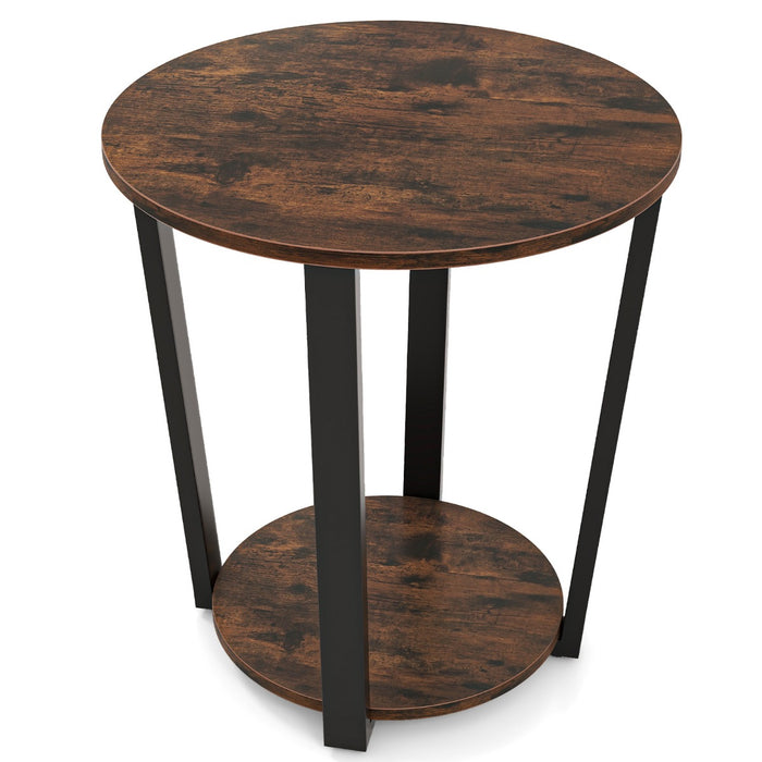 Tavolino rotondo a 2 ripiani con mensola aperta-Tavolino laterale con struttura in metallo per soggiorno Marrone Rustico