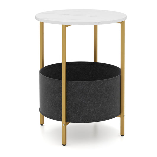 Tavolino rotondo per piccoli spazi con cestino in tessuto-Tavolino a 2 ripiani con struttura in metallo Bianco