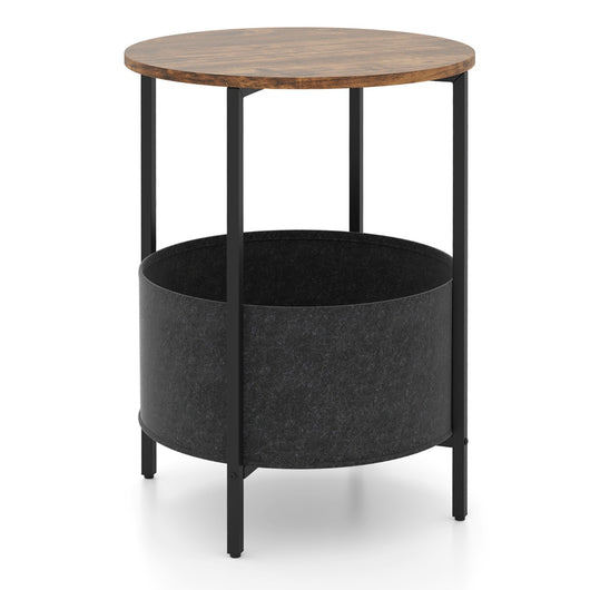 Tavolino rotondo per piccoli spazi con cestino in tessuto-Tavolino a 2 ripiani con struttura in metallo Marrone