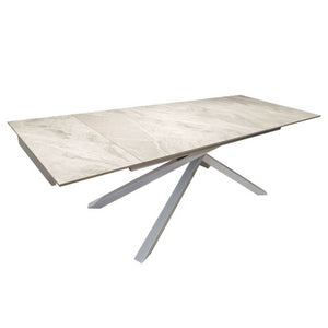 Tavolo allungabile Nefti con top in ceramica colore grigio chiaro italiano lucido con gambe argento