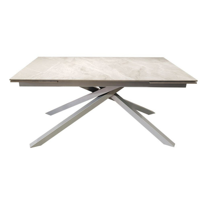 Tavolo allungabile Nefti con top in ceramica colore grigio chiaro italiano lucido con gambe argento