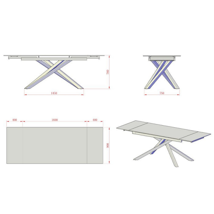 Tavolo allungabile Nefti con top in ceramica colore grigio chiaro italiano lucido con gambe argento