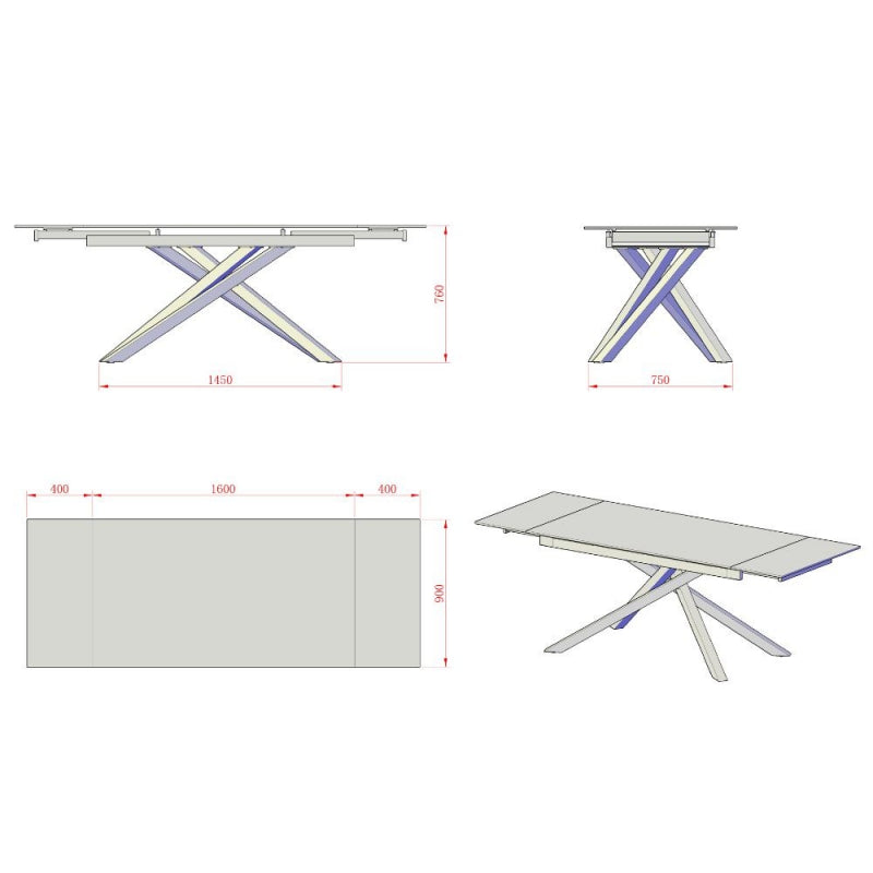 Tavolo allungabile Nefti con top in ceramica colore grigio chiaro italiano lucido con gambe argento