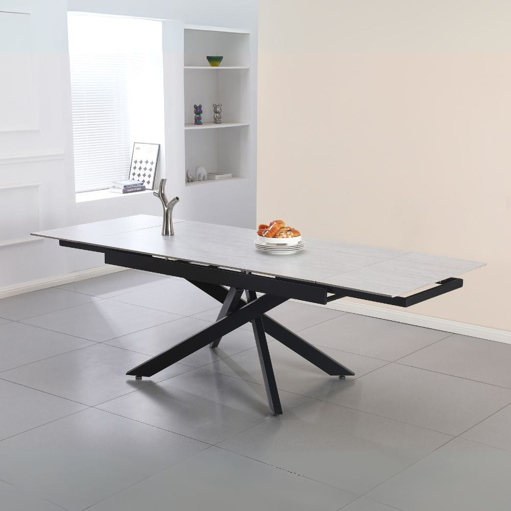 Tavolo allungabile Trivia con piano in ceramica larice beige e gambe in metallo nero 160x90x75.5H