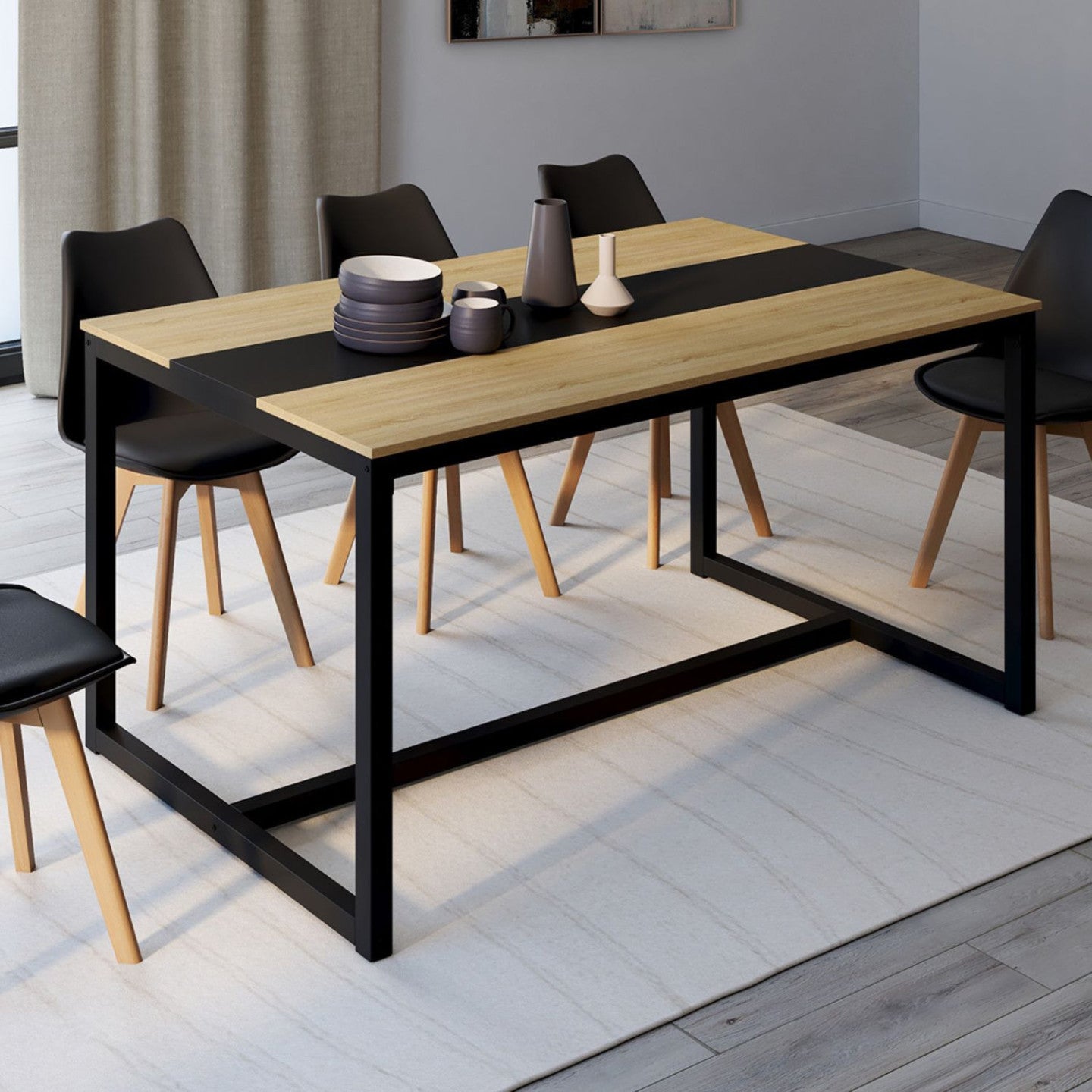 IDMarket - Tavolo da pranzo DOVER per 8 persone con fascia centrale nera design industriale 150 cm