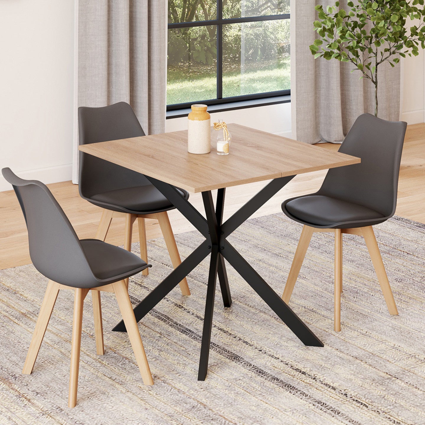 IDMarket - Tavolo da pranzo quadrato ALIX per 4 persone con gambe in legno e ragno nero 80 cm