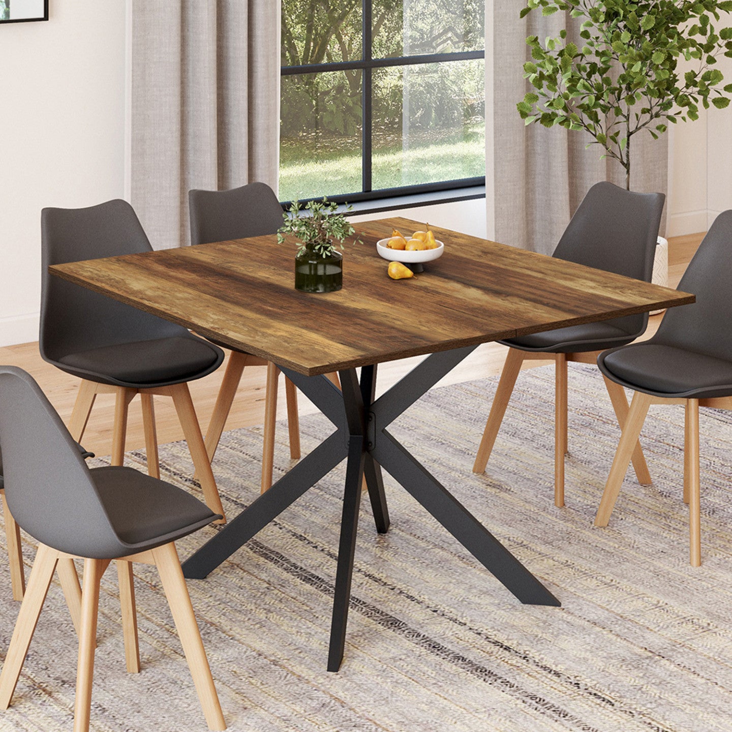 IDMarket - Tavolo da pranzo quadrato ALIX per 8 persone con gambe HAWKINS in legno scuro e ragno nero 110 cm