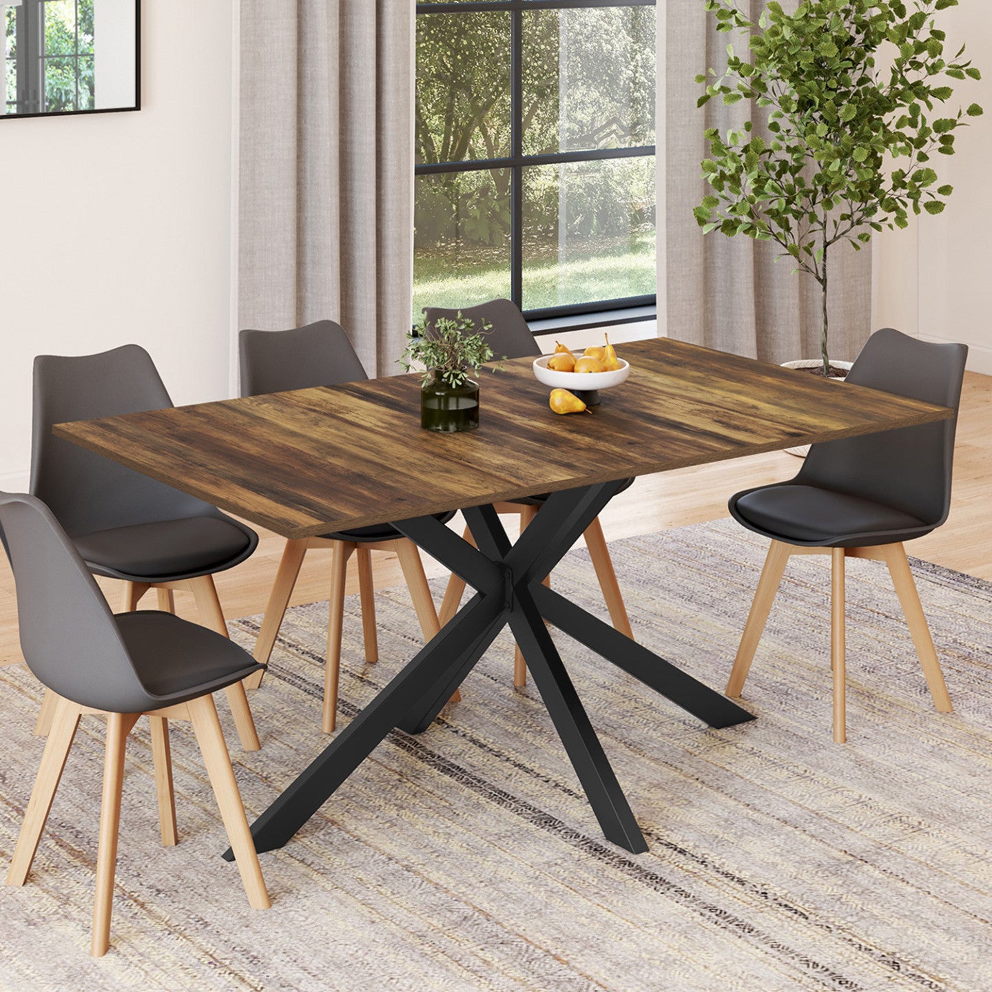 IDMarket - Tavolo da pranzo rettangolare ALIX 8 persone in legno scuro gamba a ragno HAWKINS e nero 160 cm