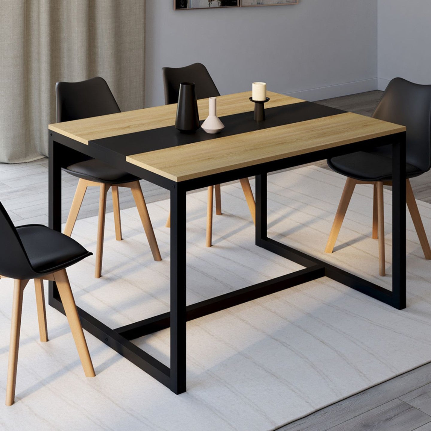 IDMarket - Tavolo da pranzo rettangolare DOVER 4 persone nero fascia centrale design industriale 120 cm