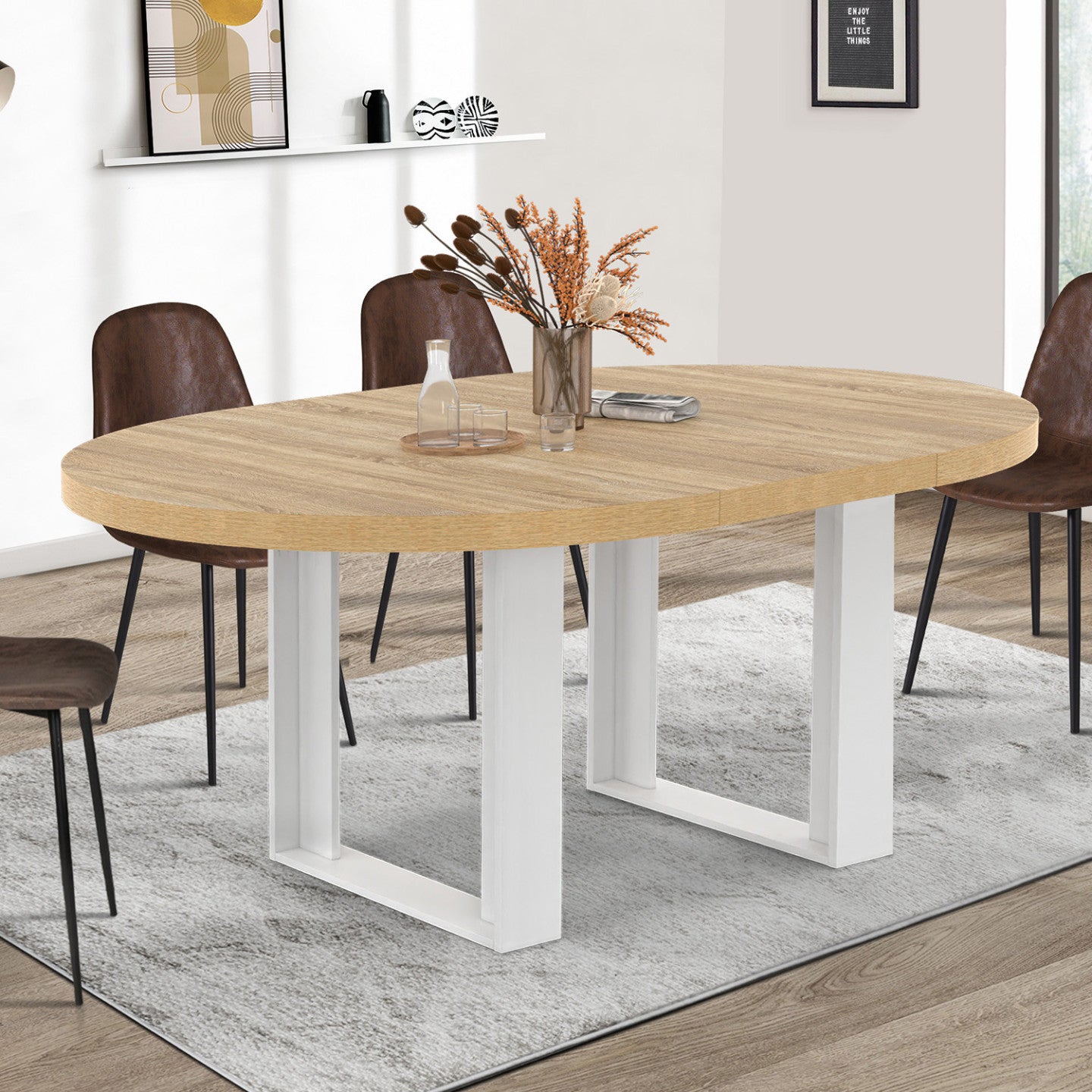 IDMarket - Tavolo da pranzo rotondo allungabile PHOENIX 4-6 persone in legno e bianco 110-150 cm