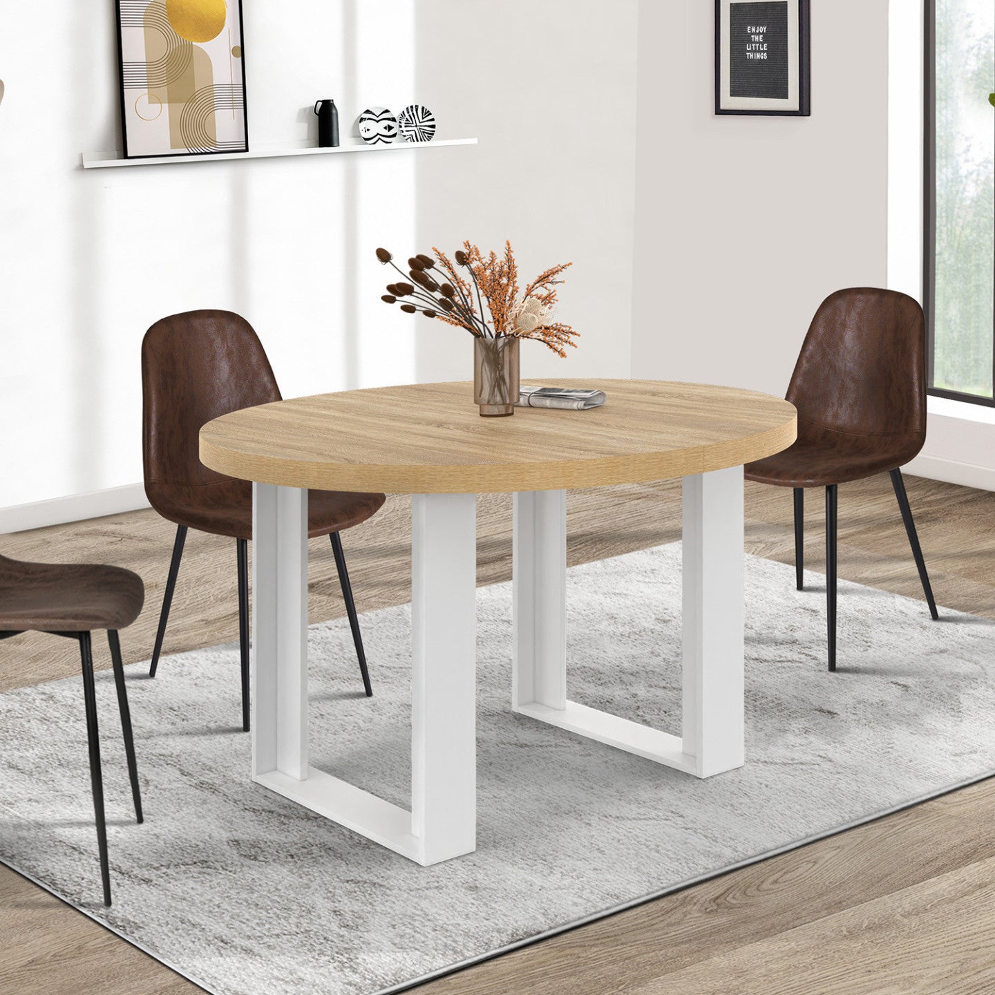 IDMarket - Tavolo da pranzo rotondo allungabile PHOENIX 4-6 persone in legno e bianco 110-150 cm