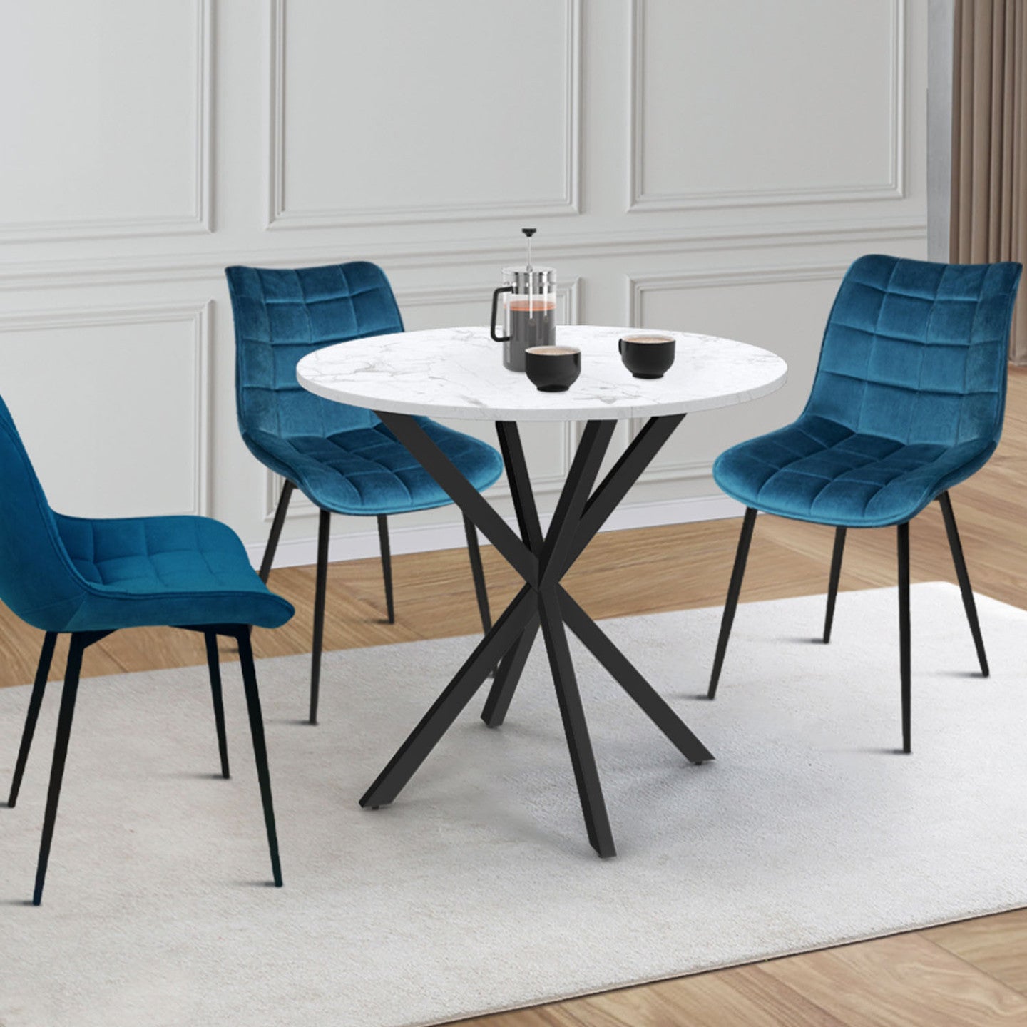 IDMarket - Tavolo da pranzo rotondo per 4 persone ALIX con gamba a ragno nera e piano ALASKA 80 cm effetto marmo bianco