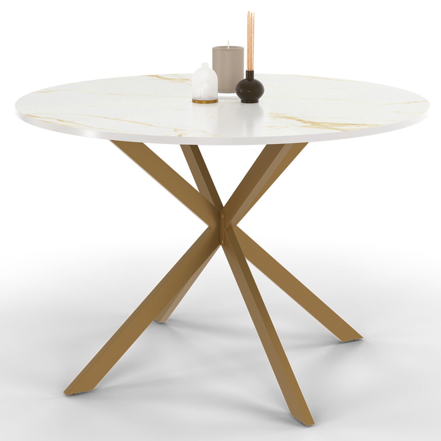 IDMarket - Tavolo da pranzo rotondo per 6 persone ALIX con gamba a ragno in ottone e piano ALASKA 110 cm effetto marmo oro