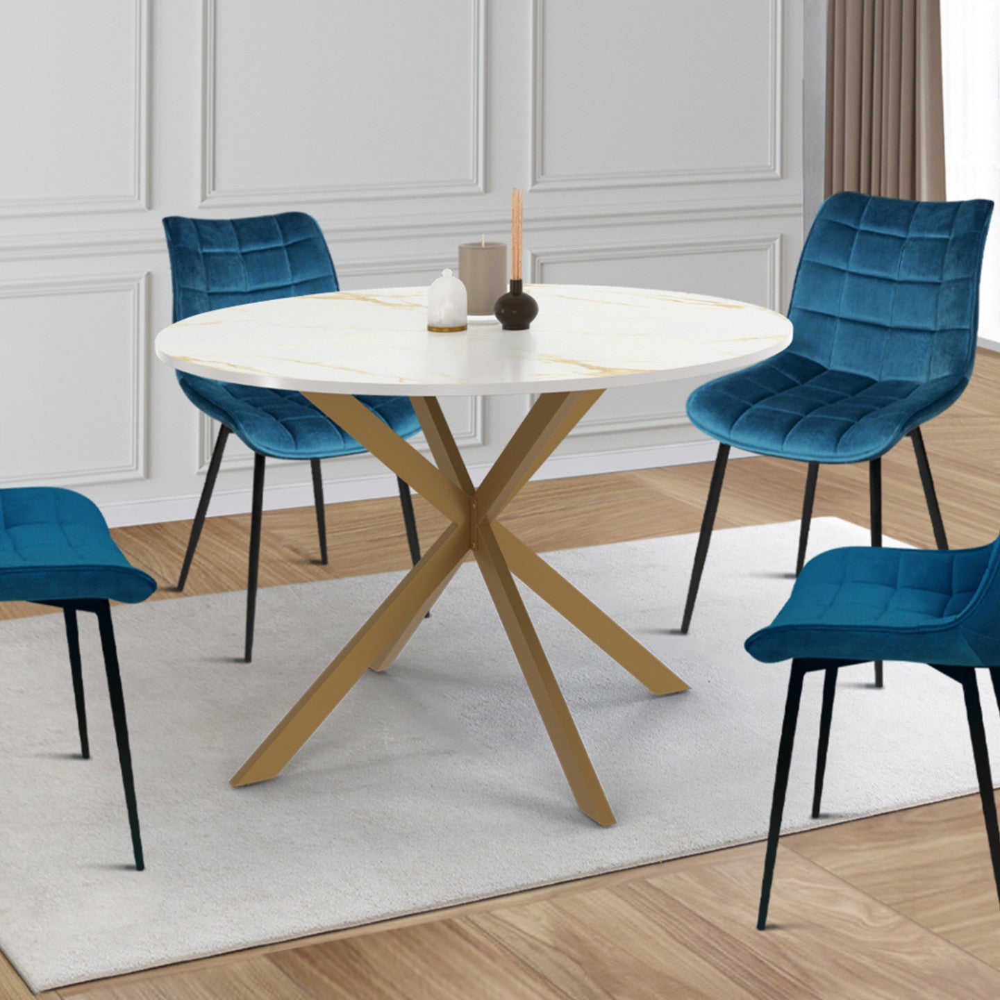 IDMarket - Tavolo da pranzo rotondo per 6 persone ALIX con gamba a ragno in ottone e piano ALASKA 110 cm effetto marmo oro