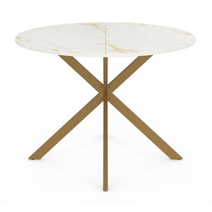 IDMarket - Tavolo da pranzo rotondo per 6 persone ALIX con gamba a ragno in ottone e piano ALASKA 110 cm effetto marmo oro