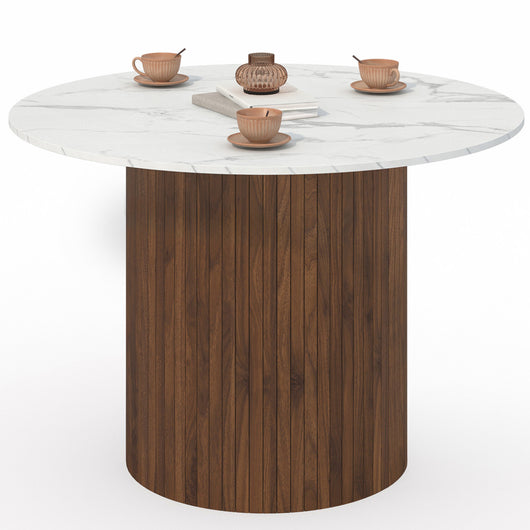 IDMarket - Tavolo da pranzo rotondo per 6 persone JULIETTE con gamba centrale a doghe in noce e piano in marmo bianco ALASKA 110 cm